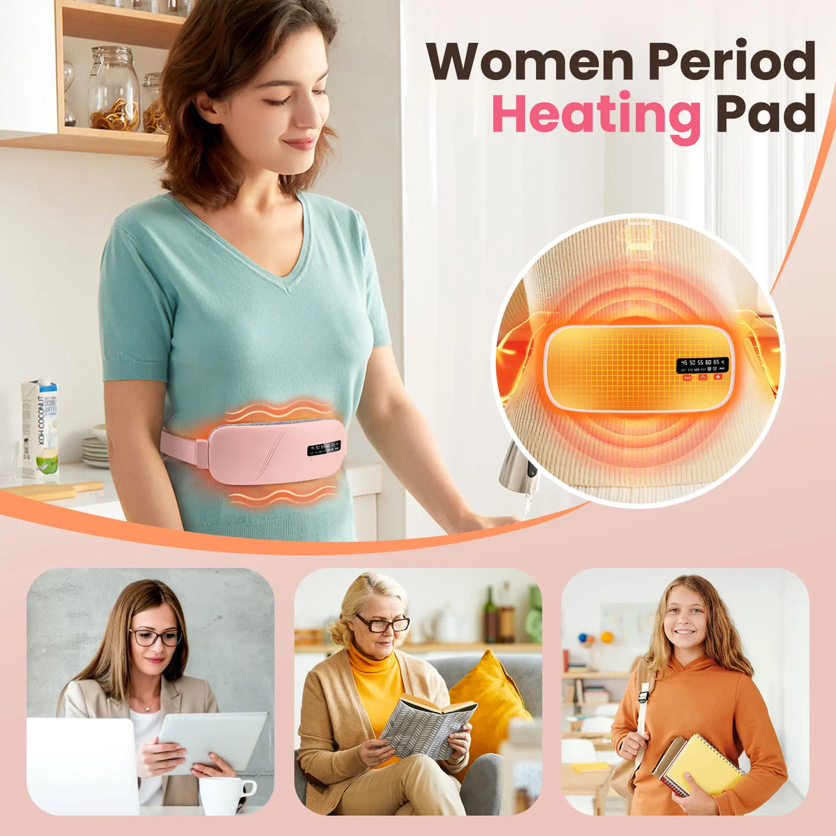 Woman wearing the Arvilo Comfort Heat Wrap at home